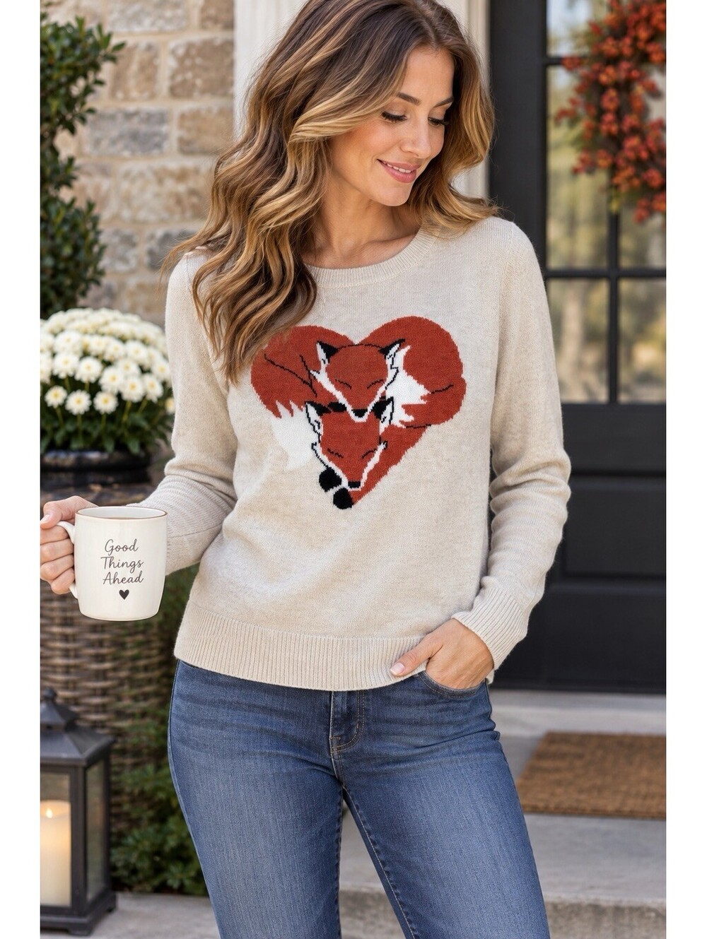 LOFT Fox Heart Sweater XS Oatmeal Novelty Intarsia Knit Long Sleeve Pullover